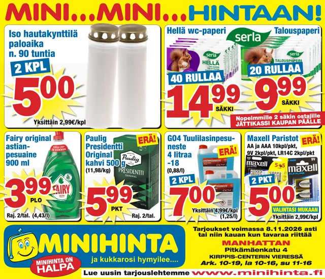 Minihinnan lehti-ilmoitus Turun Sanomissa 27.10.2026: hautakynttilät, Serlan wc- ja talouspaperisäkit, Fairy, Paulig Presidentti, GO4-lasinpesuneste ja Maxell-paristot
